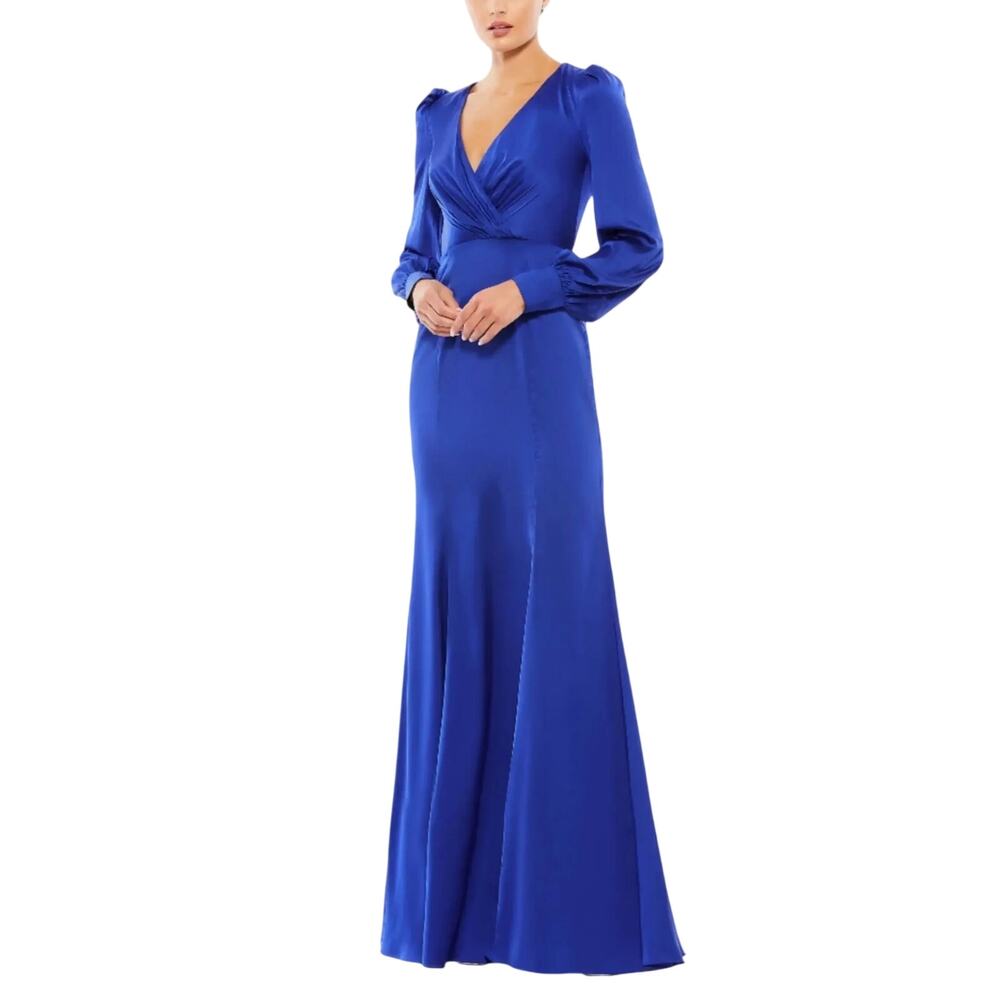 Mac Duggal 55635 Blue Evening Gown Satin Long Sleeve A-Line Formal Dress Size 8